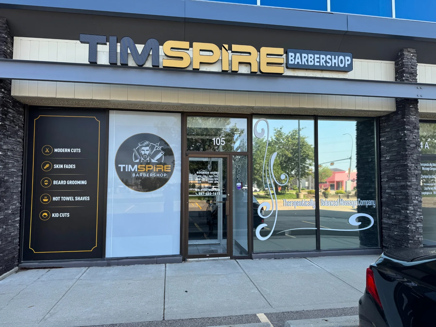 Timspire Barbershop storefront at Capilano Centre in Edmonton